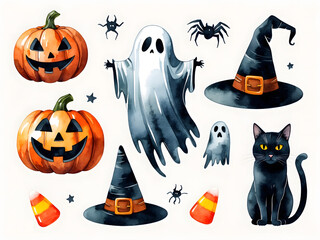 Colorful watercolor illustration featuring Halloween symbols and characters during festive season