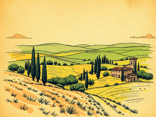 Countryside scenery in Tuscany, Italy. Handmade drawing vector illustration. Vintage style. Engraved old sketch style colorful vector