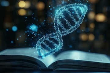 A glowing DNA strand hovers above an open book