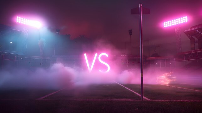 Stadium illuminated with bright pink and blue floodlights. Central neon "VS" sign glows amidst swirling smoke - Powered by Adobe