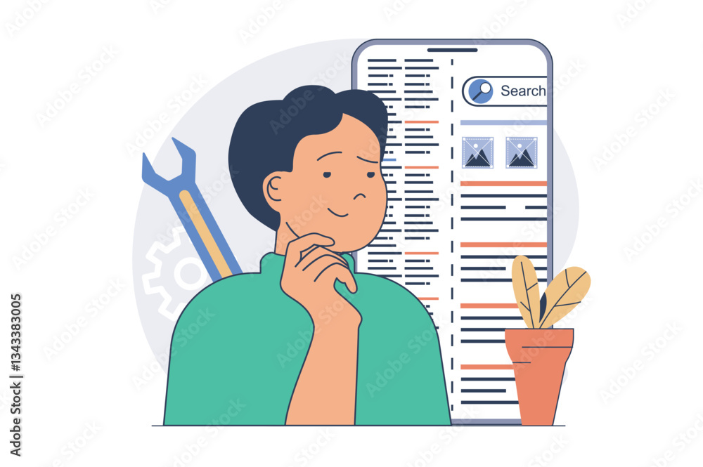 Aufkleber SEO optimization concept with cartoon people in flat design for web. Man making data analysis of search results, working with keywords, doing settings from mobile phone app. Vector illustration.