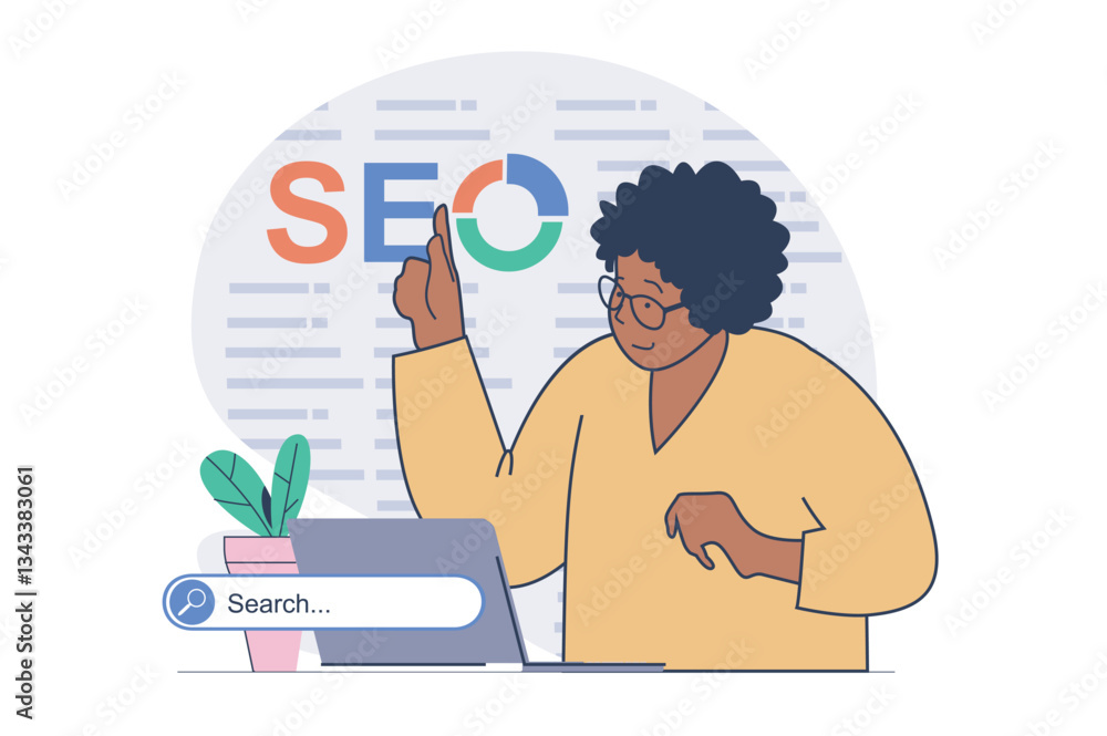 Leinwandbilder SEO optimization concept with cartoon people in flat design for web. Woman researching data analysis and internet algorithms, working with keywords for search service settings. Vector illustration.