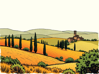 Countryside scenery in Tuscany, Italy. Handmade drawing vector illustration. Vintage style. Engraved old sketch style colorful vector