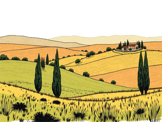 Countryside scenery in Tuscany, Italy. Handmade drawing vector illustration. Vintage style. Engraved old sketch style colorful vector