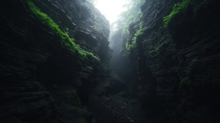 Laser Light Beam Cutting Through a Misty Gorge Surrounded by Lush Greenery and Rocks