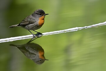 Fototapeta premium Small Bird on Branch Reflection in Water Nature Photography