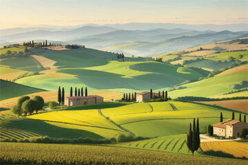 Countryside scenery in Tuscany, Italy. Handmade drawing vector illustration. Vintage style. Engraved old sketch style colorful vector