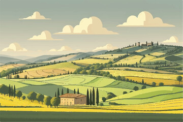 Countryside scenery in Tuscany, Italy. Handmade drawing vector illustration. Vintage style. Engraved old sketch style colorful vector