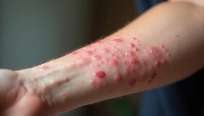 Close-up of skin condition with red lesions on the forearm, Dermatology allergic expression concept.