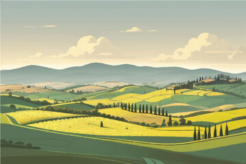 Countryside scenery in Tuscany, Italy. Handmade drawing vector illustration. Vintage style. Engraved old sketch style colorful vector