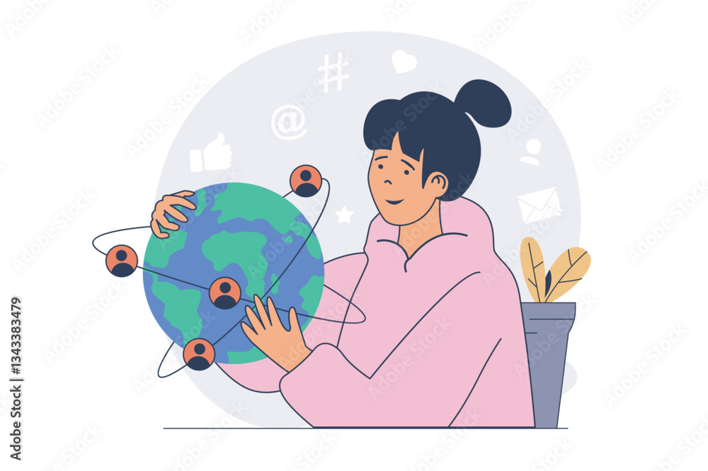 Poster social network concept with cartoon people in flat design for web. woman connecting online with glob