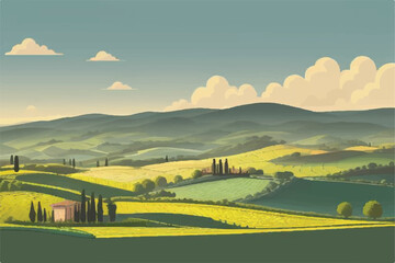 Countryside scenery in Tuscany, Italy. Handmade drawing vector illustration. Vintage style. Engraved old sketch style colorful vector