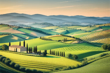 Countryside scenery in Tuscany, Italy. Handmade drawing vector illustration. Vintage style. Engraved old sketch style colorful vector