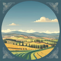 Countryside scenery in Tuscany, Italy. Handmade drawing vector illustration. Vintage style. Engraved old sketch style colorful vector