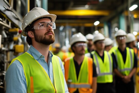 A group of workers in high- drill gear and safety helmets, wearing bright yellow vest with white hard hats on their heads stand together to watch the machinery working at an industrial factory