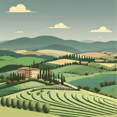 Countryside scenery in Tuscany, Italy. Handmade drawing vector illustration. Vintage style. Engraved old sketch style colorful vector
