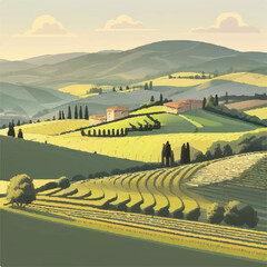 Countryside scenery in Tuscany, Italy. Handmade drawing vector illustration. Vintage style. Engraved old sketch style colorful vector