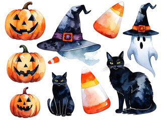 Colorful watercolor illustration featuring Halloween elements with pumpkins and a black cat