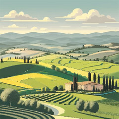 Countryside scenery in Tuscany, Italy. Handmade drawing vector illustration. Vintage style. Engraved old sketch style colorful vector