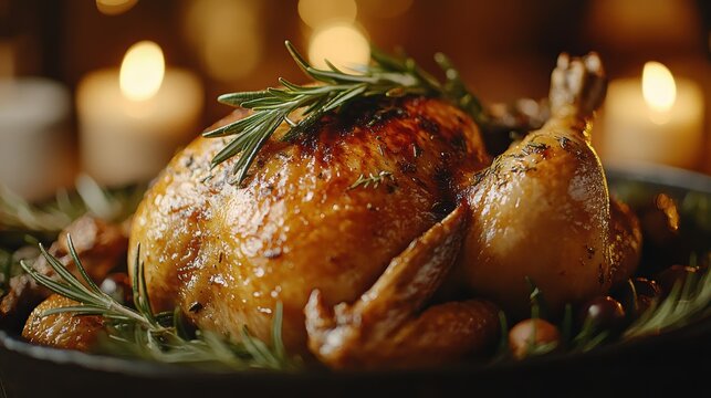 A golden-roasted chicken, adorned with festive sprigs of rosemary, nestled amidst a rustic setting, radiating warmth and inviting holiday cheer.