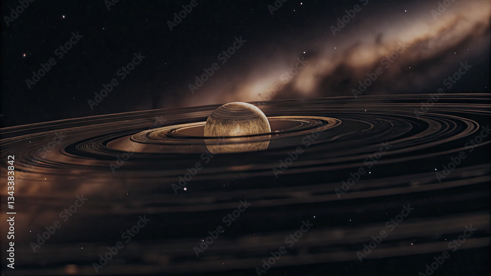 Wall mural a glowing planetary disk with swirling auroras, floating in a dark cosmic void, radiating soft ether