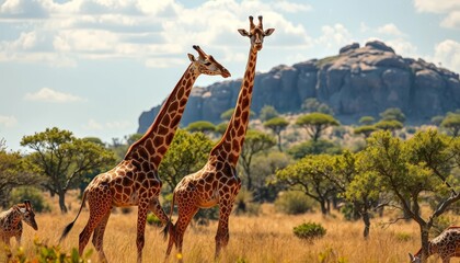 Fototapeta premium Majestic Giraffes on African Savanna, Tall Necks Reaching for Sunlight Amidst Golden Grassland and Distant Rocky Outcrop