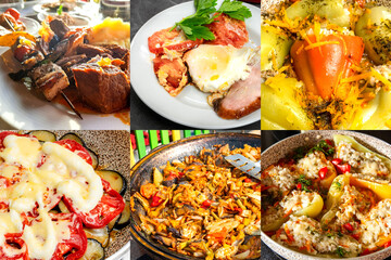 Food collage of main courses with meat and stewed vegetables. Composite image.