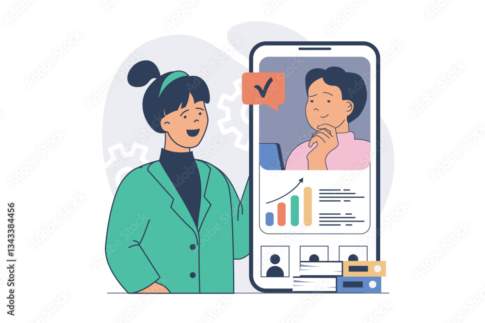 Poster video conference concept with cartoon people in flat design for web. man and woman connecting by vid