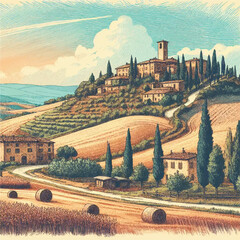Countryside scenery in Tuscany, Italy. Handmade drawing vector illustration. Vintage style. Engraved old sketch style colorful vector