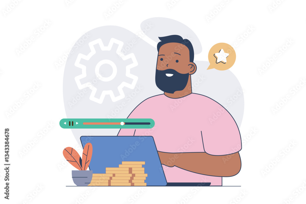 Poster video marketing concept with cartoon people in flat design for web. man creating content with produc