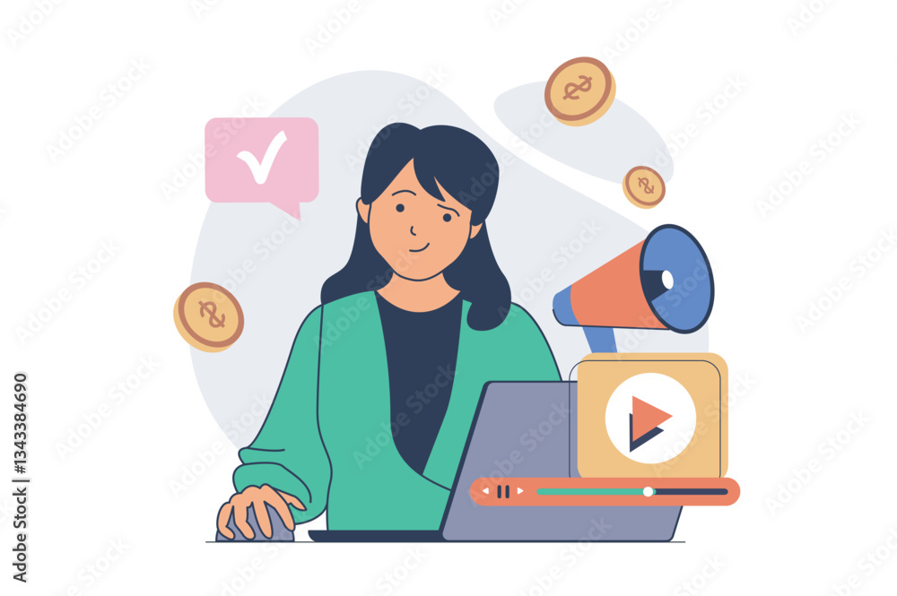 Poster video marketing concept with cartoon people in flat design for web. woman creating content with adve