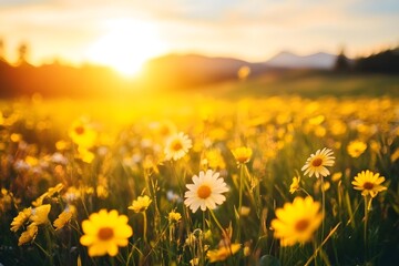 Fototapeta premium Golden Hour Meadow Blooming Daisies at Sunset