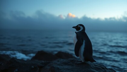 Obraz premium Solitary Penguin at Dusk on Rocky Coastline, Gazing at the Ocean's Vastness