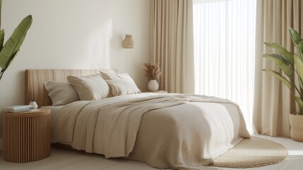 A neutral-toned bedroom with a sand-colored bedspread, natural wood side tables, and soft beige curtains adding warmth to the space