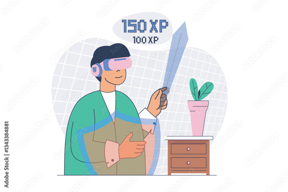 Leinwandbilder Virtual reality concept with cartoon people in flat design for web. Man in VR headset playing in video game with sword and shield simulation, enjoying cyber gaming competition. Vector illustration.