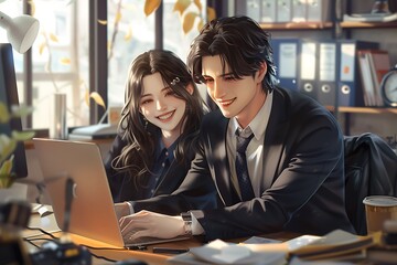 Young business couple smiling while using a laptop at their office desk, looking happy and content with their financial and wedding applications in front of them on the table,