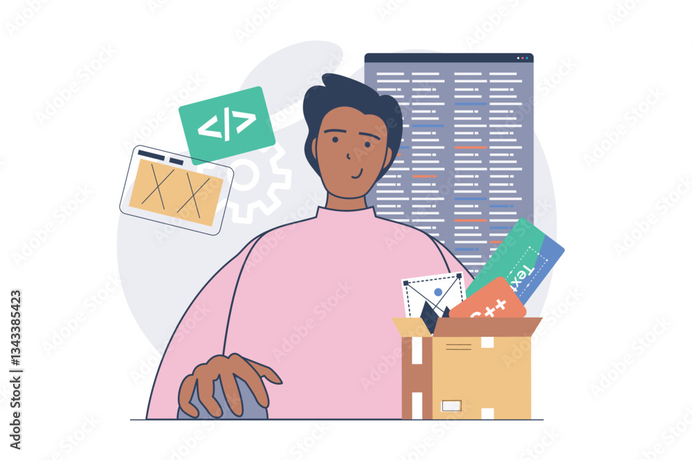 Aufkleber Web development concept with cartoon people in flat design. Man creating webpage interfaces and layouts, making site templates with content block placement, coding at screen. Vector illustration.