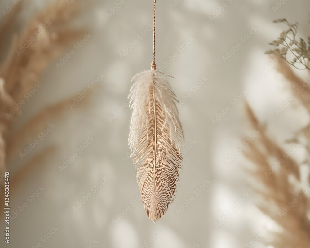 Poster beige feather hanging on string with pampas grass and soft lighting
