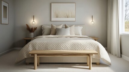A neutral bedroom featuring light gray walls, a beige quilt, and a natural wood bench at the foot of the bed, illuminated by soft lighting