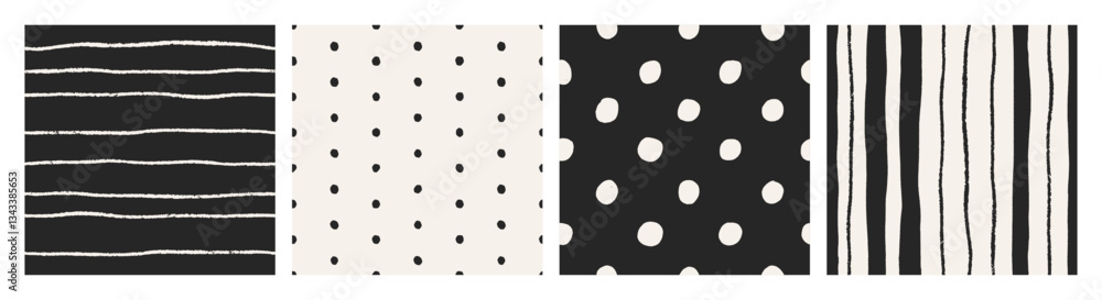 Poster Seamless patterns set with thin line stripes, tiny polka dots. Abstract endless simple textures for fabric, textile, wrapping, freehand style. Modern repeating designs. Flat vector illustrations