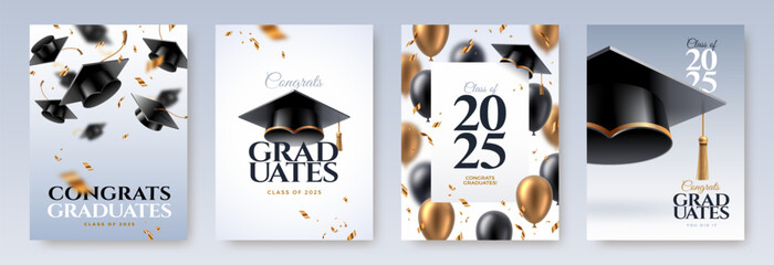 Set of greeting card or poster with graduation caps, confetti and balloons. Graduation party at the school, college or university. Congrats graduates. Vector illustration.