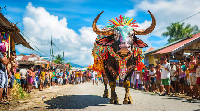 Carabao Festival, a buffalo decorated with colorful paint and traditional ornaments walks in the middle of the village road, Ai generated images