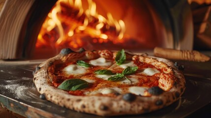 Artisanal Pizza with Fresh Basil and Bubbling Mozzarella Baked in a Wood Fired Oven