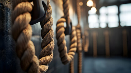 Close-up of thick training ropes in a rustic gym interior