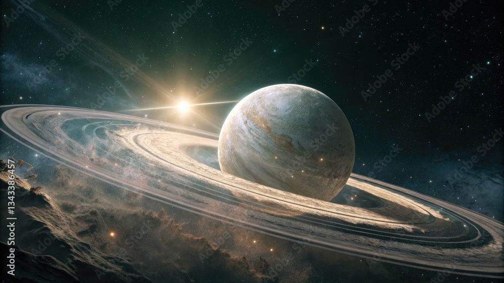 Poster a glowing planetary disk with swirling auroras, floating in a dark cosmic void, radiating soft ether