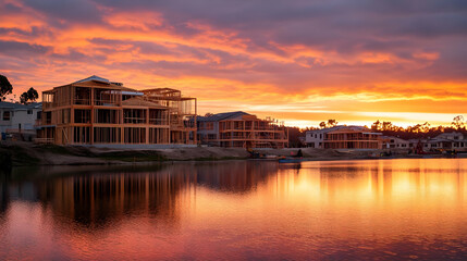Obraz premium Lakefront Houses Under Construction at Sunset
