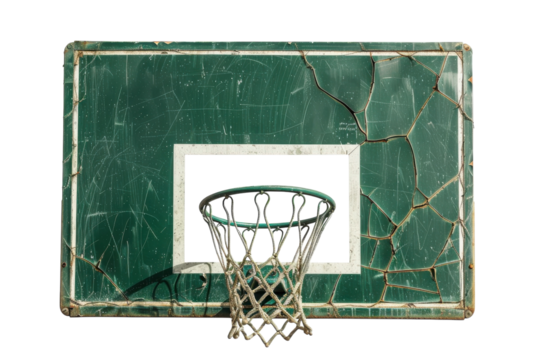 A weathered basketball hoop against a cracked backboard in a deserted outdoor court reveals stories of games once played in the sunlight