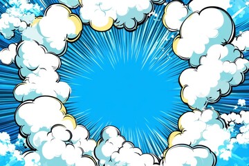 Retro comic book sky background with clouds and speed lines