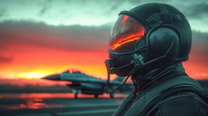 Fototapeta premium Sunset Silhouette Fighter Jet Pilot Dramatic Sky Air Force