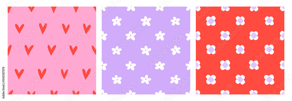 Poster Seamless cute patterns with tiny hearts and spring flowers. Repeating print designs set, endless backgrounds, textures for textile, fabric, wrapping paper. Feminine girly flat vector illustrations